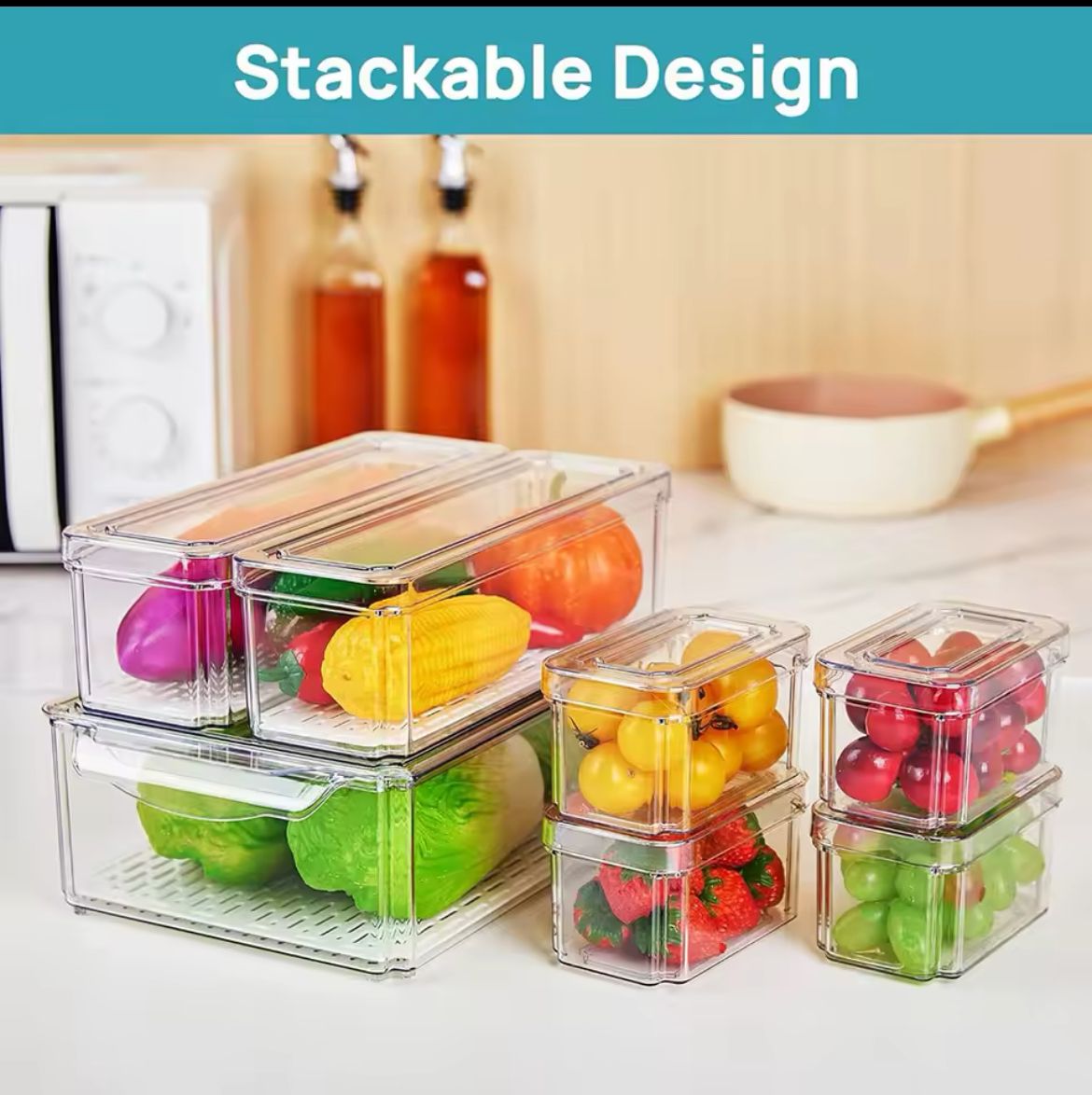 7 pcs BPA-Free Stackable acrylic Fridge Organizer Bins with Lids