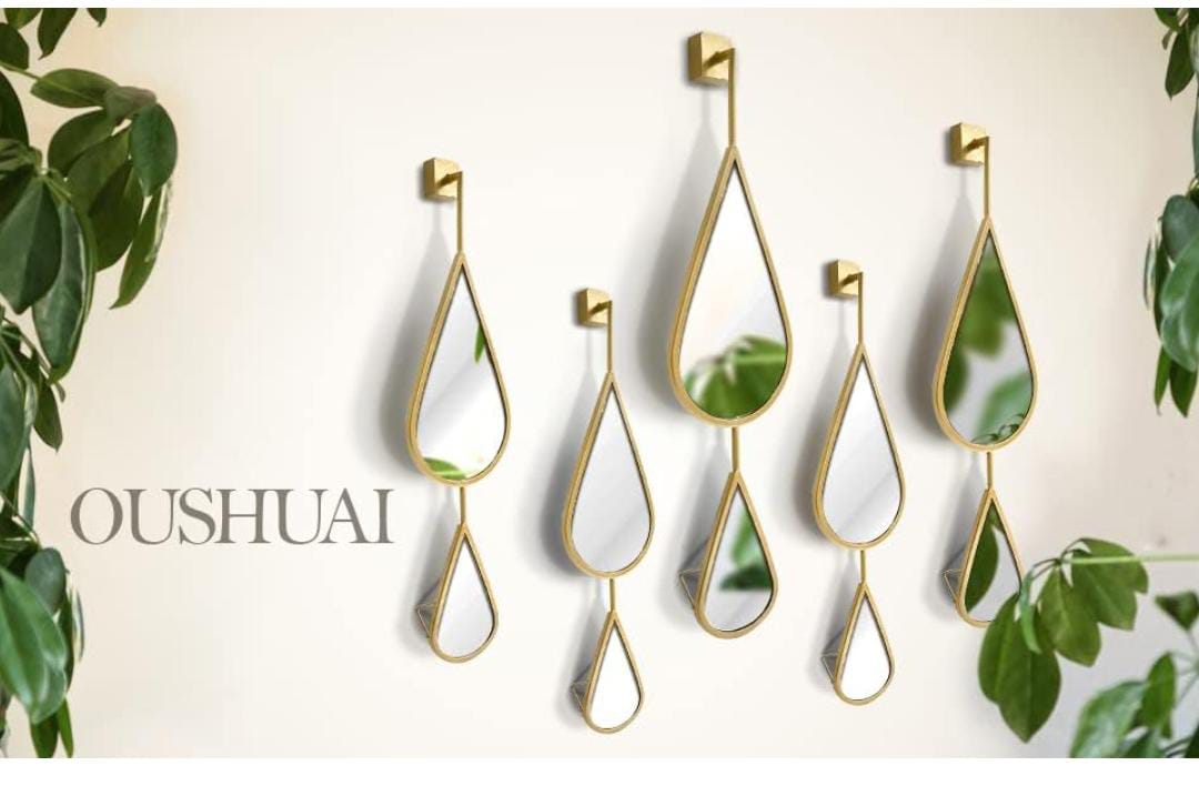 OUSHUAI Set of 5 Gold Teardrop Shaped Wall Mirrors for Living Room, Entryway, Hallway, Staircase, Fireplace