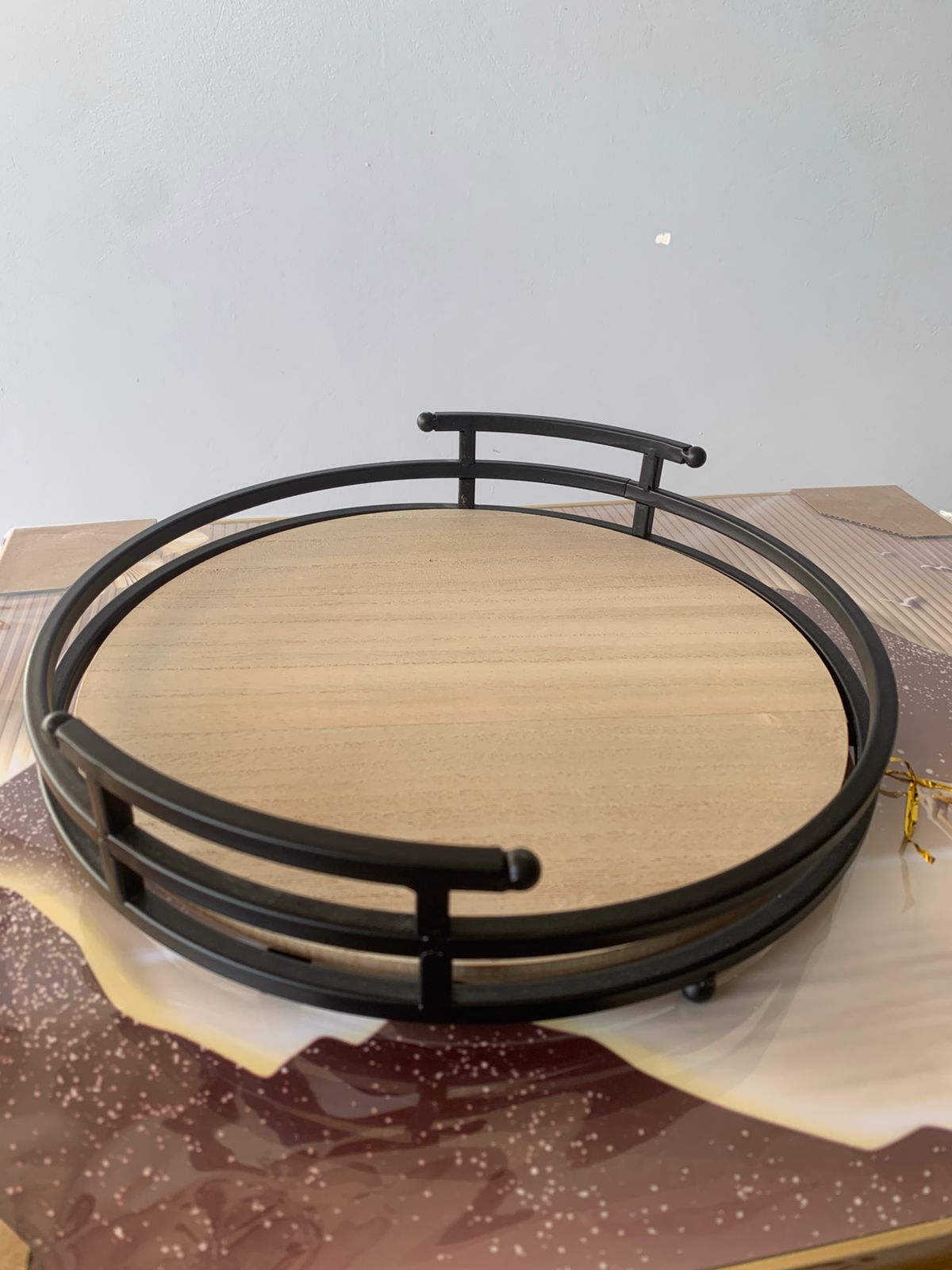 Home Decor Rustic Modern Metal and Wood Round Counter Tray