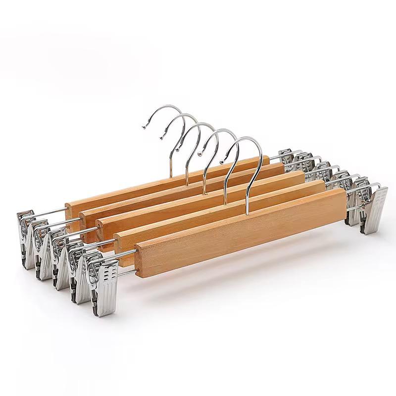 5pcs High Grade Natural Wooden Hangers Skirt Pants Hangers with Clips and 360° Swivel Hook, Heavy Duty Jeans Hangers, Skirt,Trousers,kids clothes, Closet Organizer with Trousers Clips 5pcs set