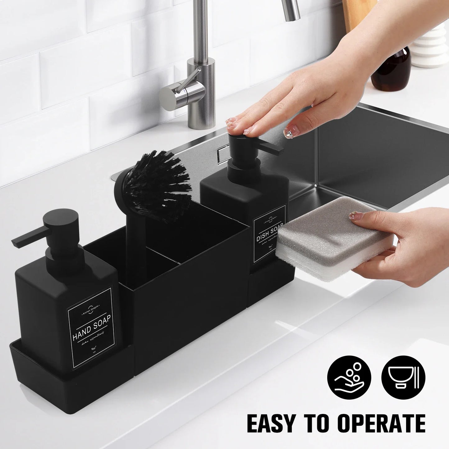 Matte black kitchen soap dispenser with sponge holder set for sink caddy /hand soap and dish soap dispenser with brush
