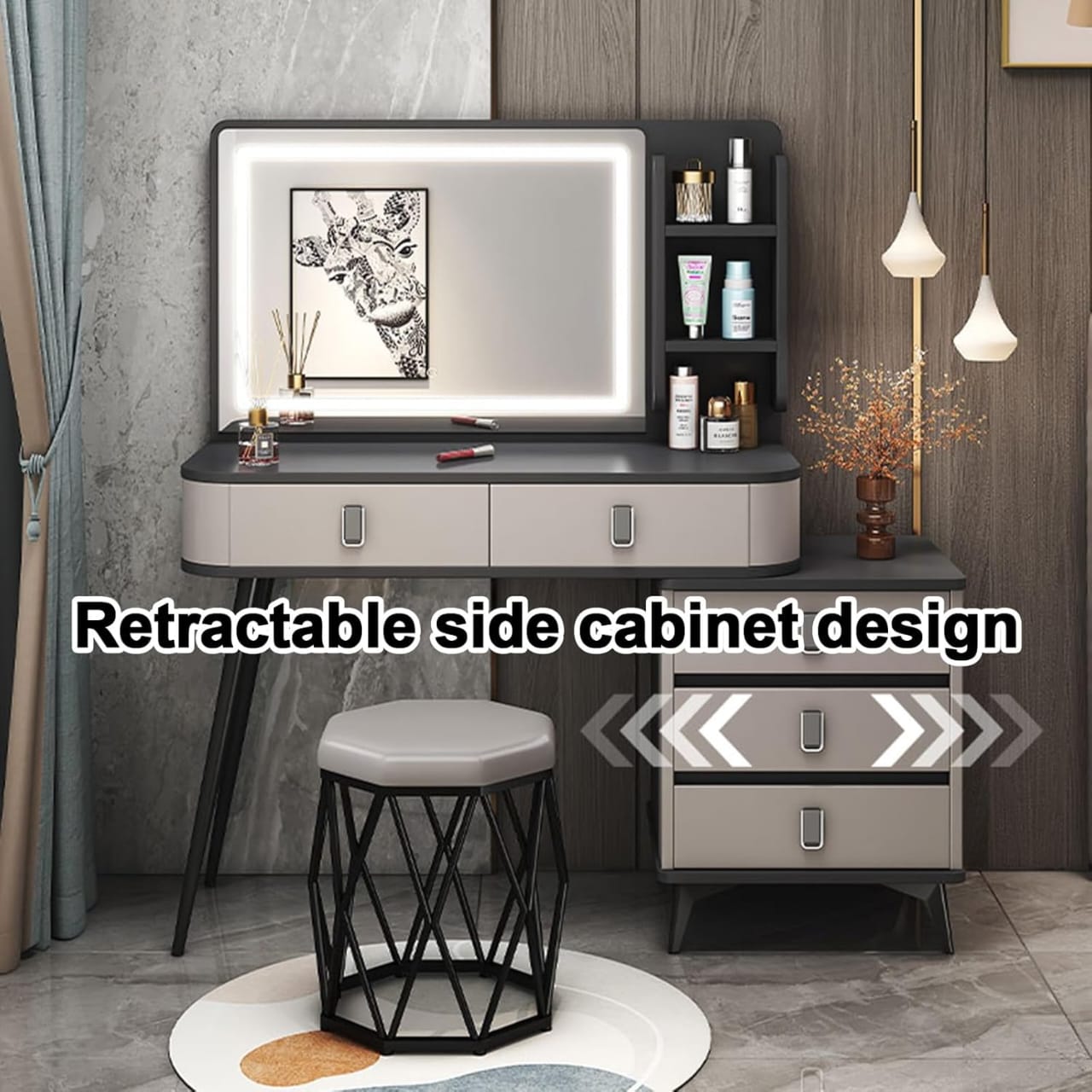 Retractable Dressing Table with LED Light