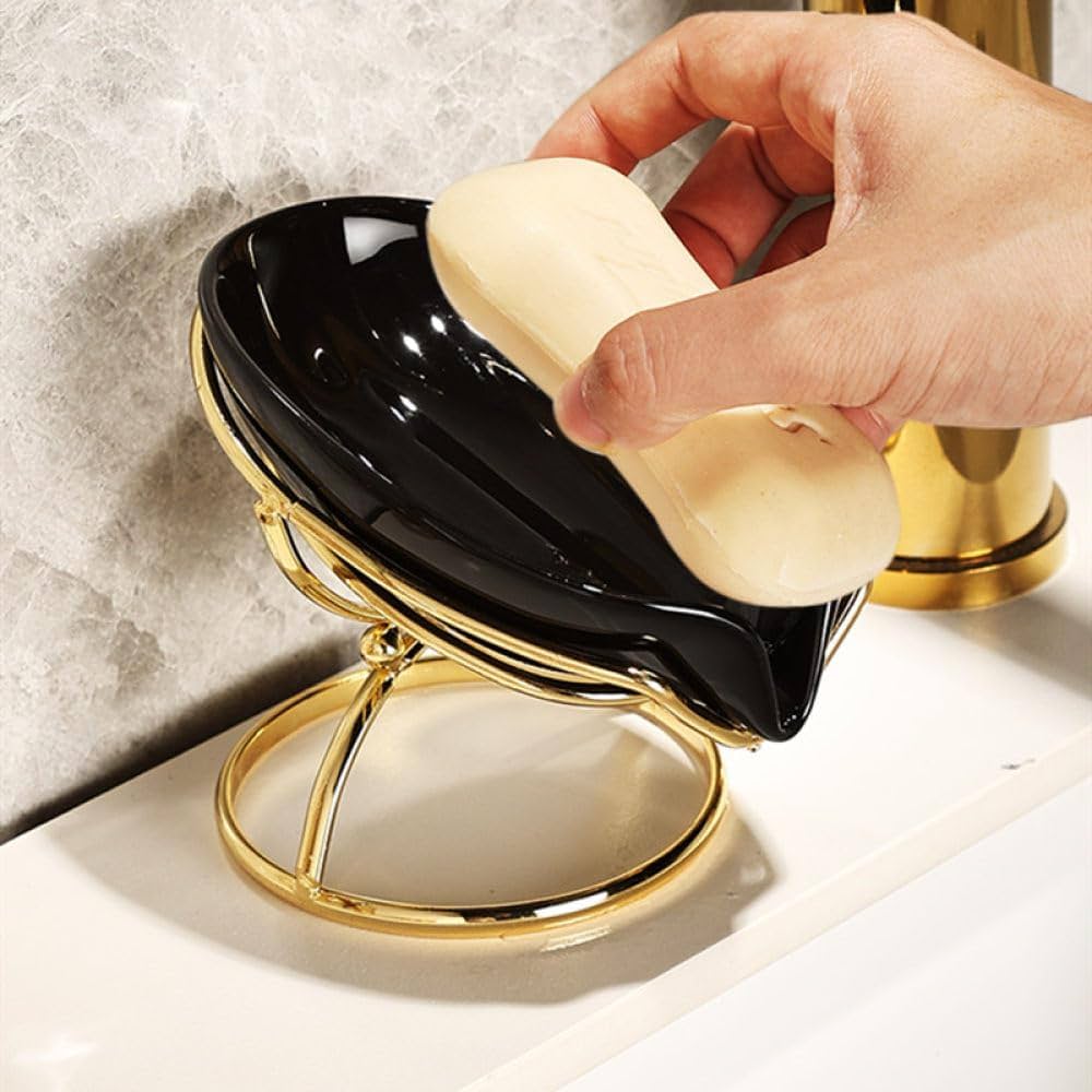 Happy life 45 degree slanted self draining soap dish with a golden stand