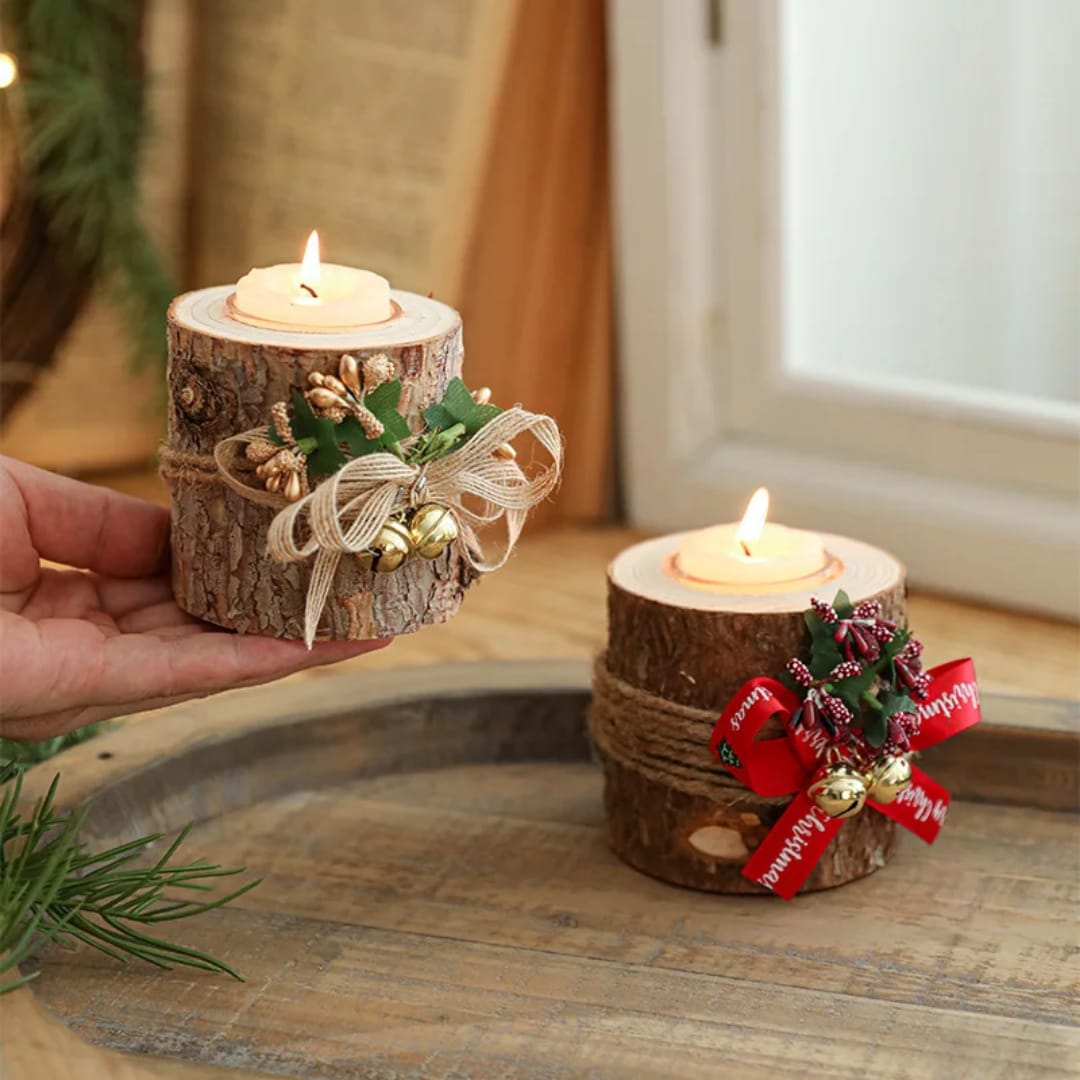 Christmas Candle Holder Wooden - Flameless LED