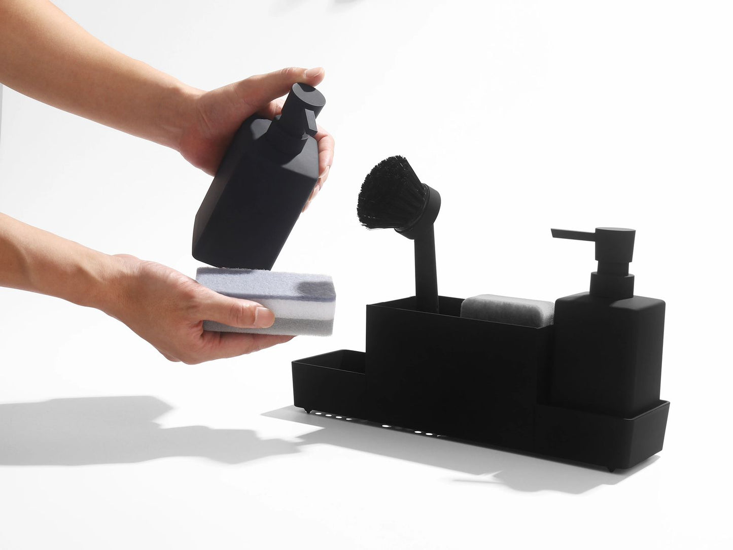 Matte black kitchen soap dispenser with sponge holder set for sink caddy /hand soap and dish soap dispenser with brush