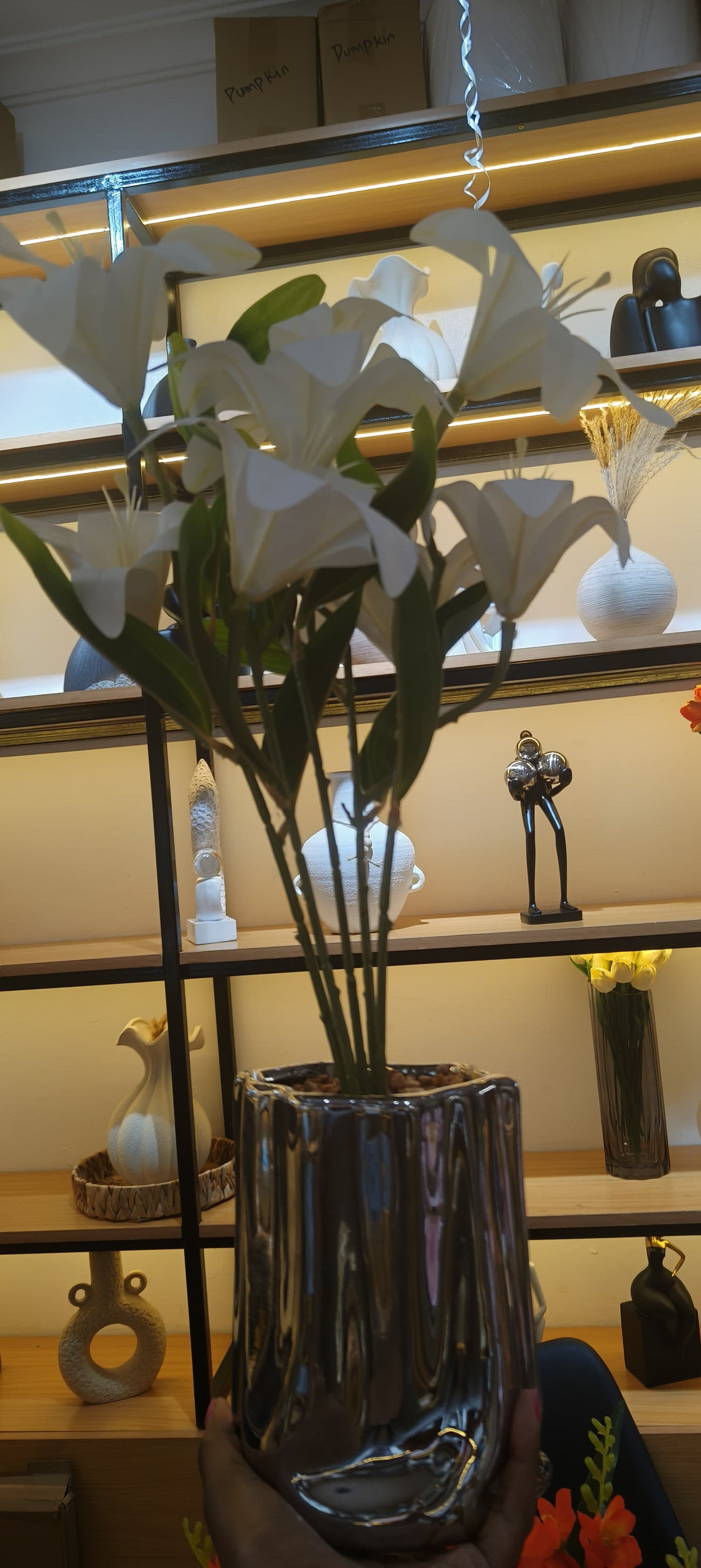 Table Top Big Silver Potted Flowers