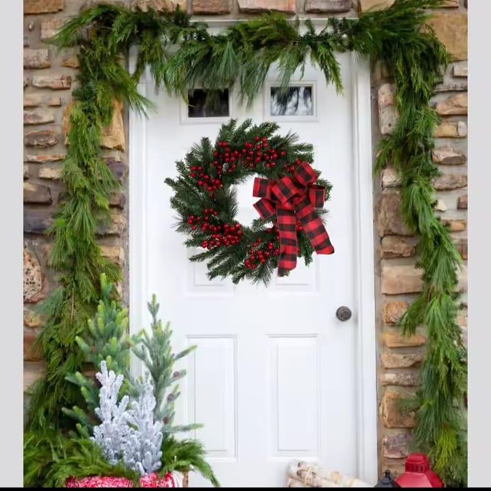 Christmas Red wreath front door hanging with decorations