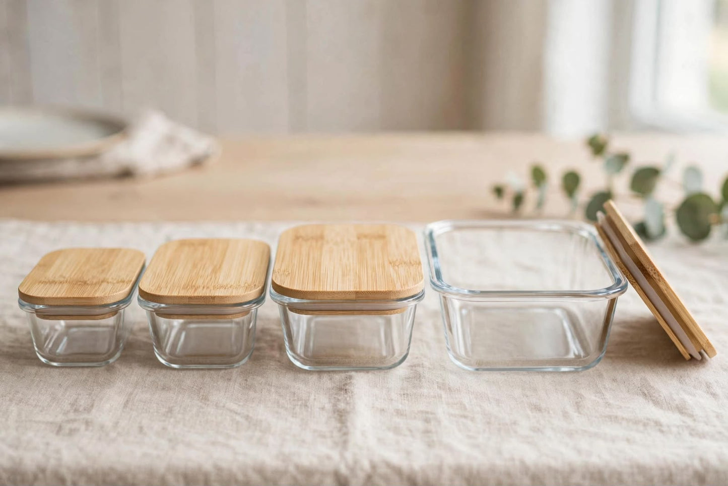 Borosilicate glass food storage containers with natural bamboo lids 4pcs set