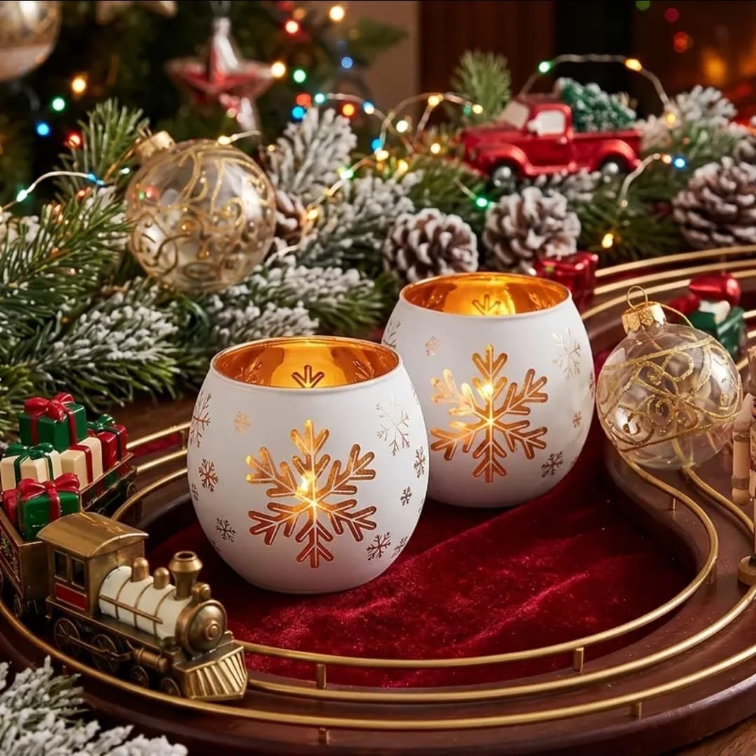 2Pc Glass Snowflake Tealight Candle Holders Set
