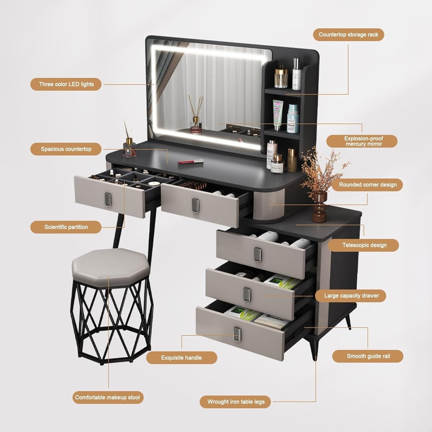 Retractable Dressing Table with LED Light
