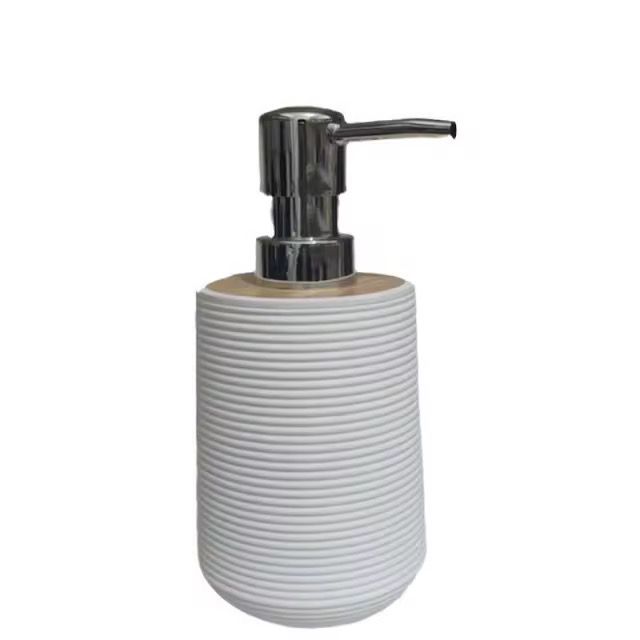 Modern Matt round hand soap dispenser with bamboo trim