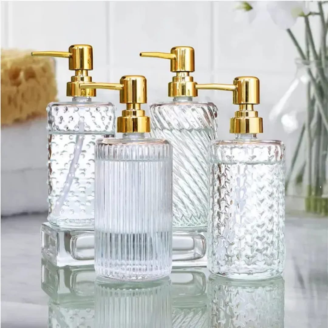 Golden Stainless Steel 400ml Shampoo Soap Dispenser Vertical Pattern Glass Lotion Bottle