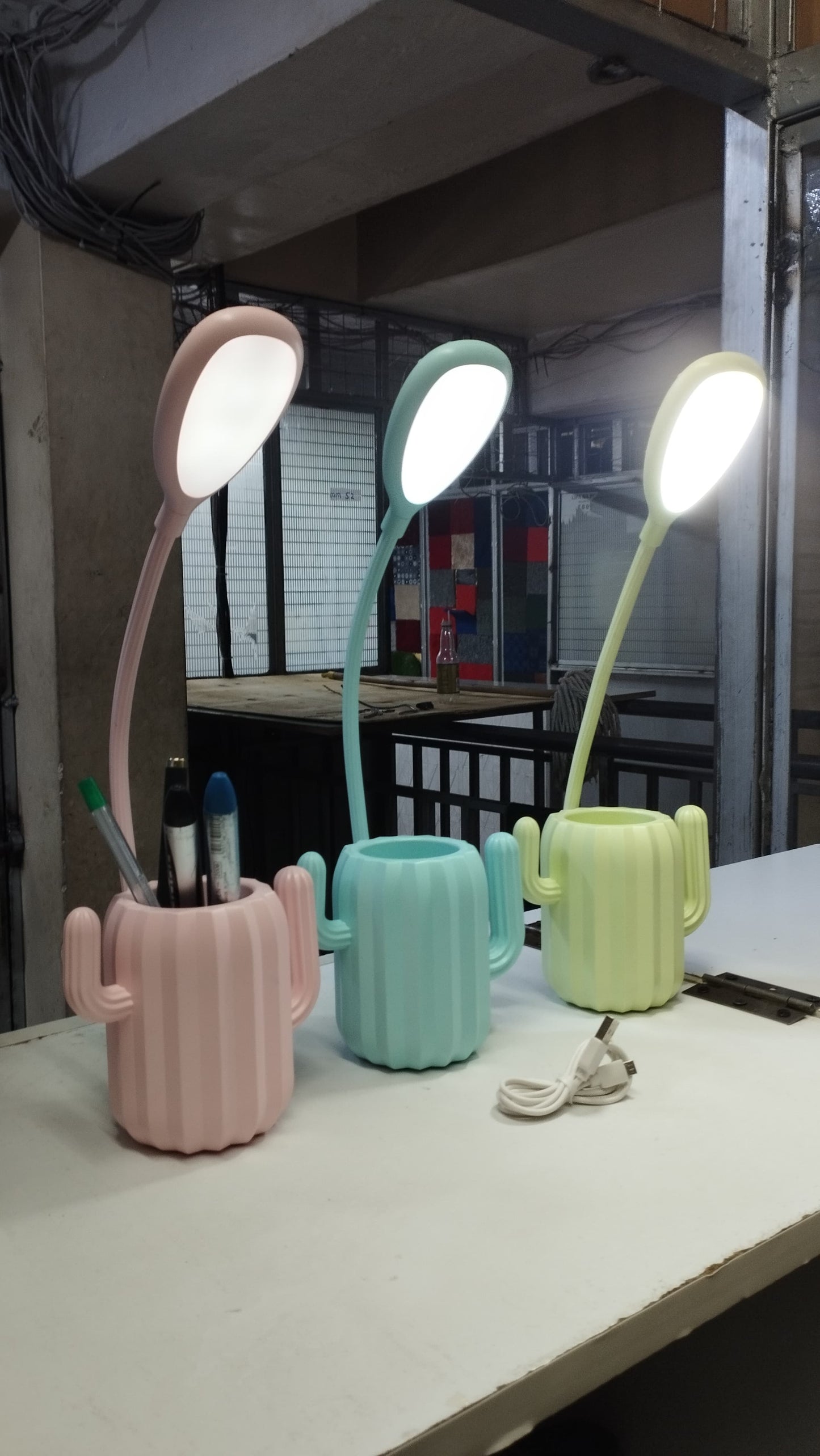 Rechargeable foldable cactus desk lamp with a pen holder