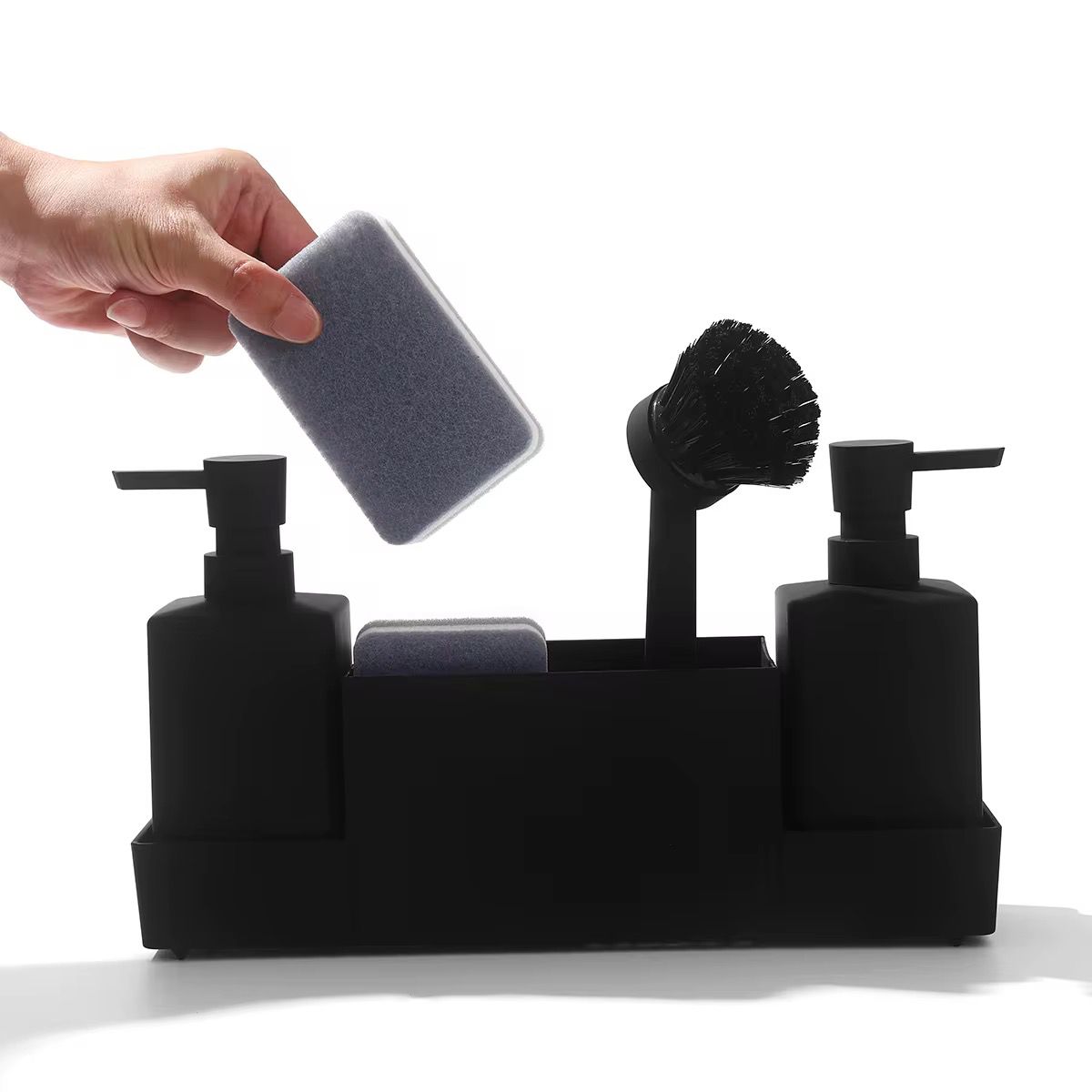 Matte black kitchen soap dispenser with sponge holder set for sink caddy /hand soap and dish soap dispenser with brush
