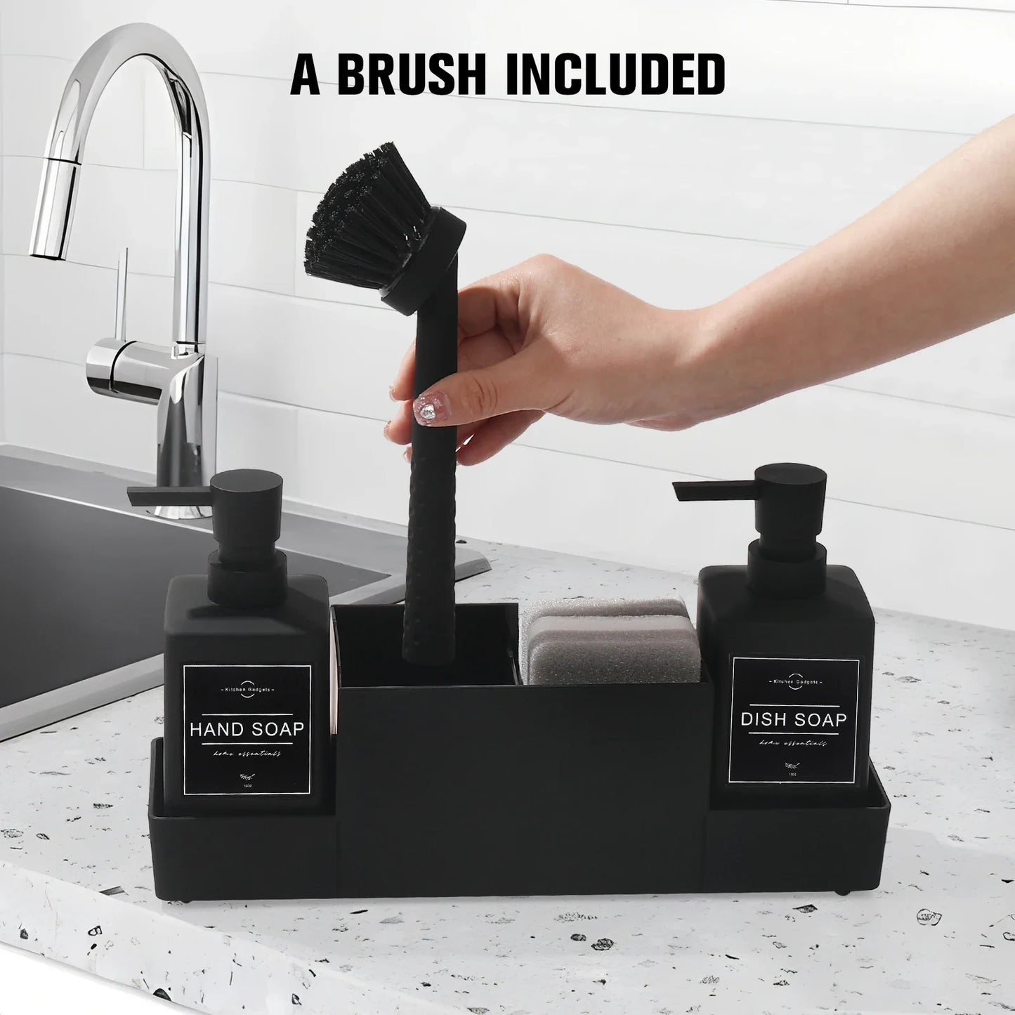 Matte black kitchen soap dispenser with sponge holder set for sink caddy /hand soap and dish soap dispenser with brush
