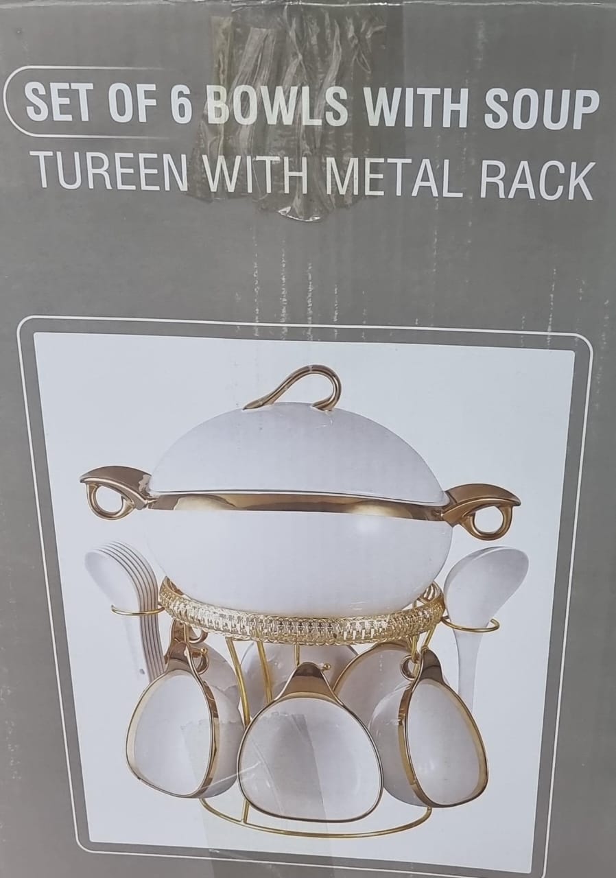 16pc ceramic soup set on golden stand