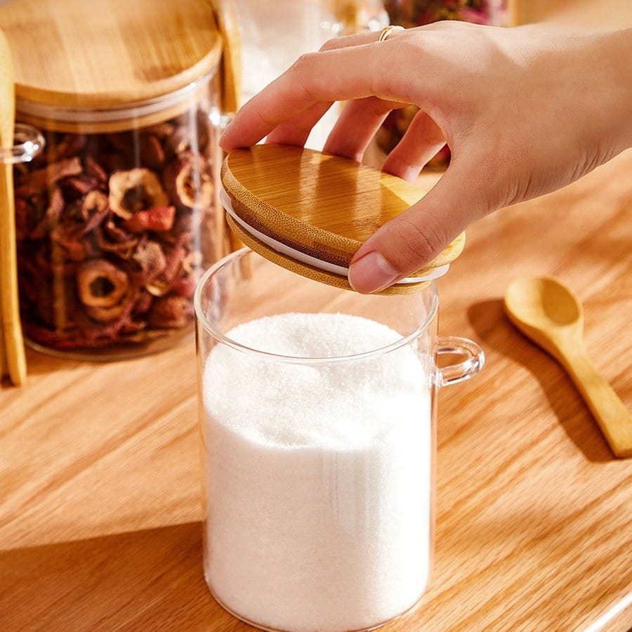 Glass spice / storage jar with spoon and bamboo lid