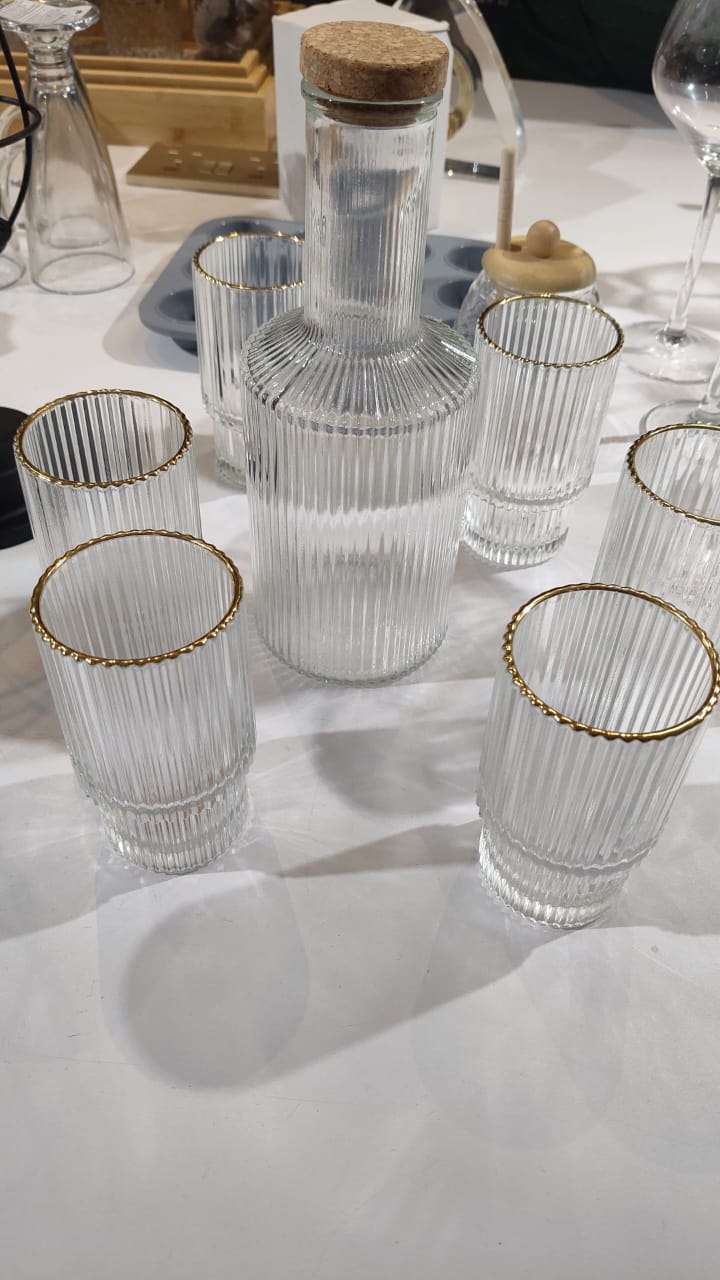 6Pc Ribbed glasses with gold rim and decanter