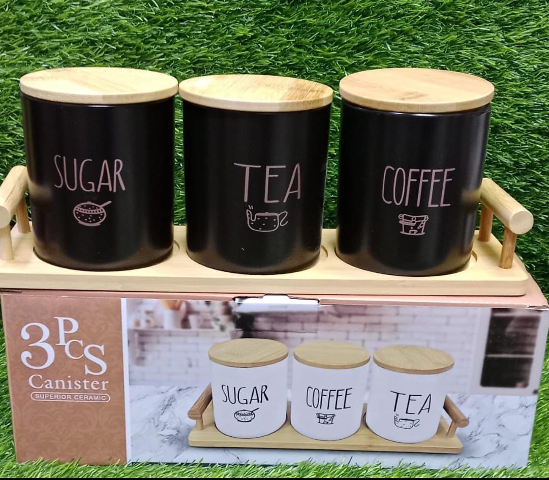 3pcssugar, tea and coffee set with bamboo stand
