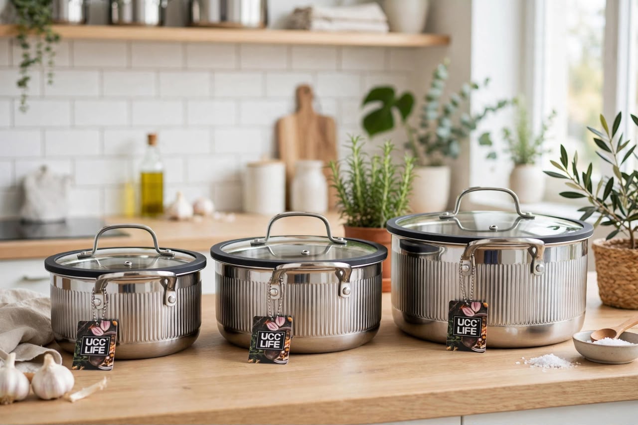 Ribbed Stainless Steel Pot Set with Flat Clear Glass Lid ✨
12pc set