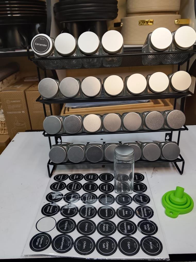 seasoning spice jars with lid and a metallic rack