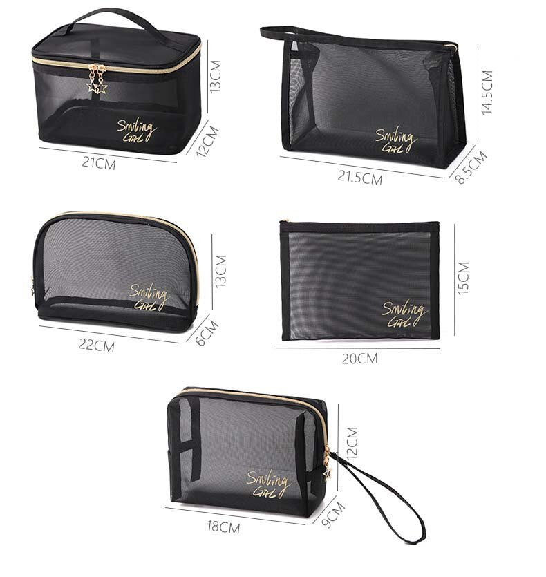 5pc Transparent Mesh Makeup Case Organizer Storage Pouch Casual Zipper Toiletry Wash Bags Make Up Women Travel Cosmetic Bag