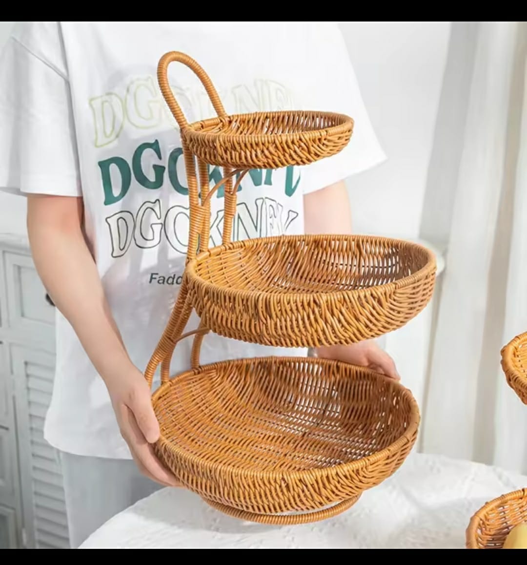 3 tier Handmade unique rattan fruit rack