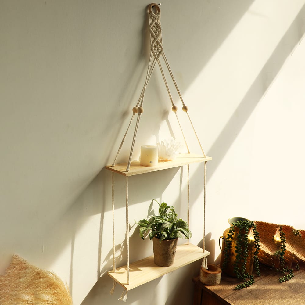 New Macrame Hanging floating Shelf Wall Decor -2 Tier