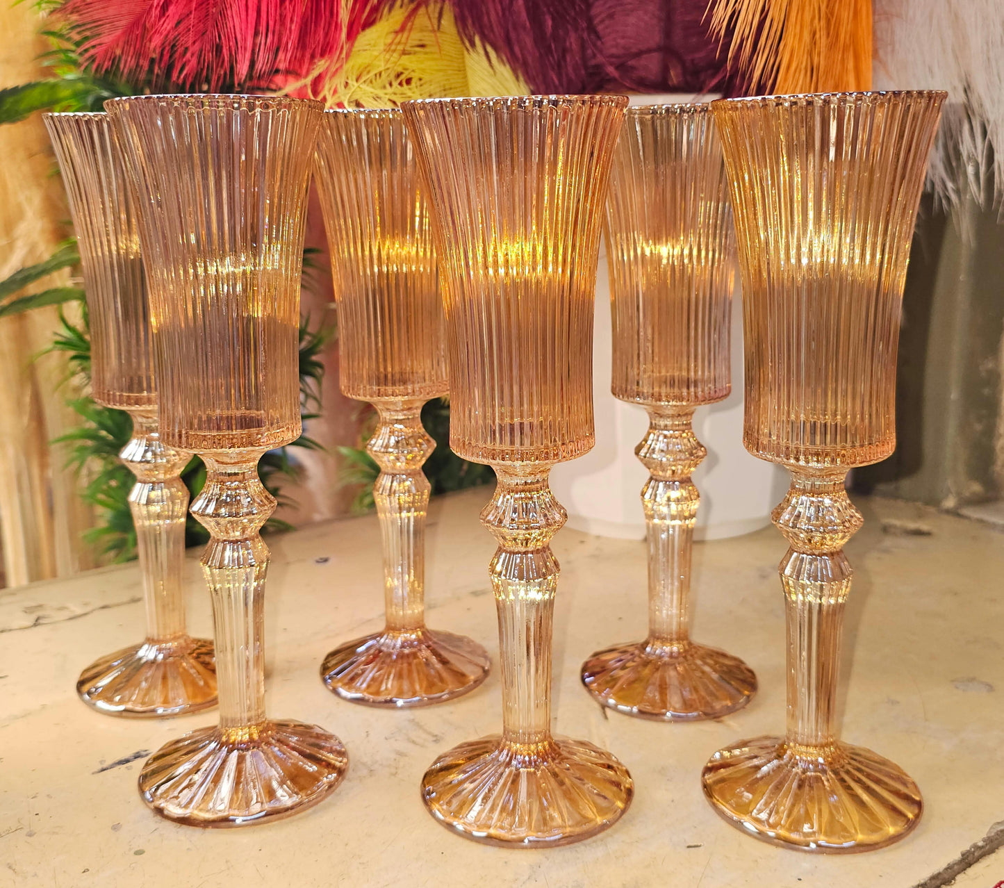 *180ml Gold Vintage Ribbed Champagne Flute glass with gold rim