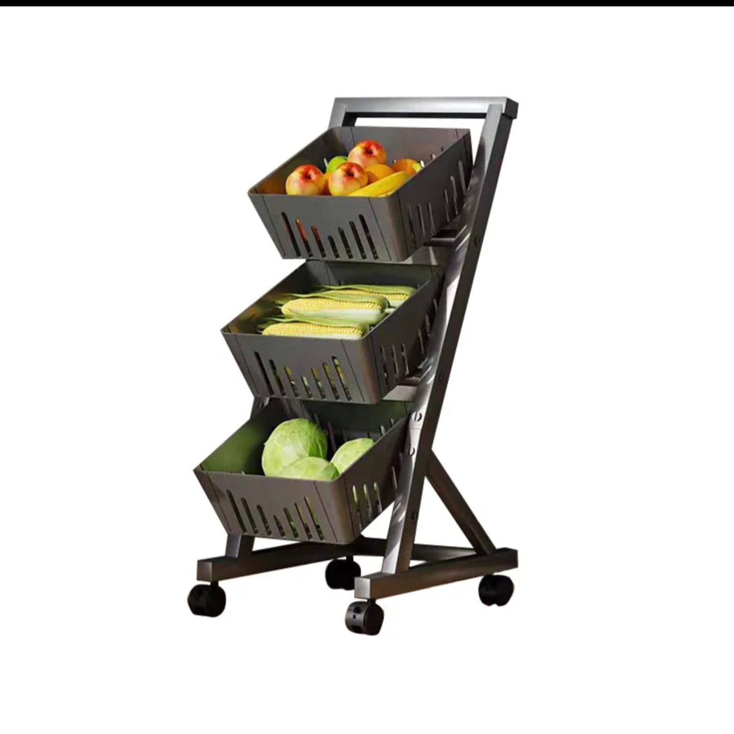 3 Tier Multi- Functional Steel Vegetable & Fruit Rack with movable and lockable wheels.