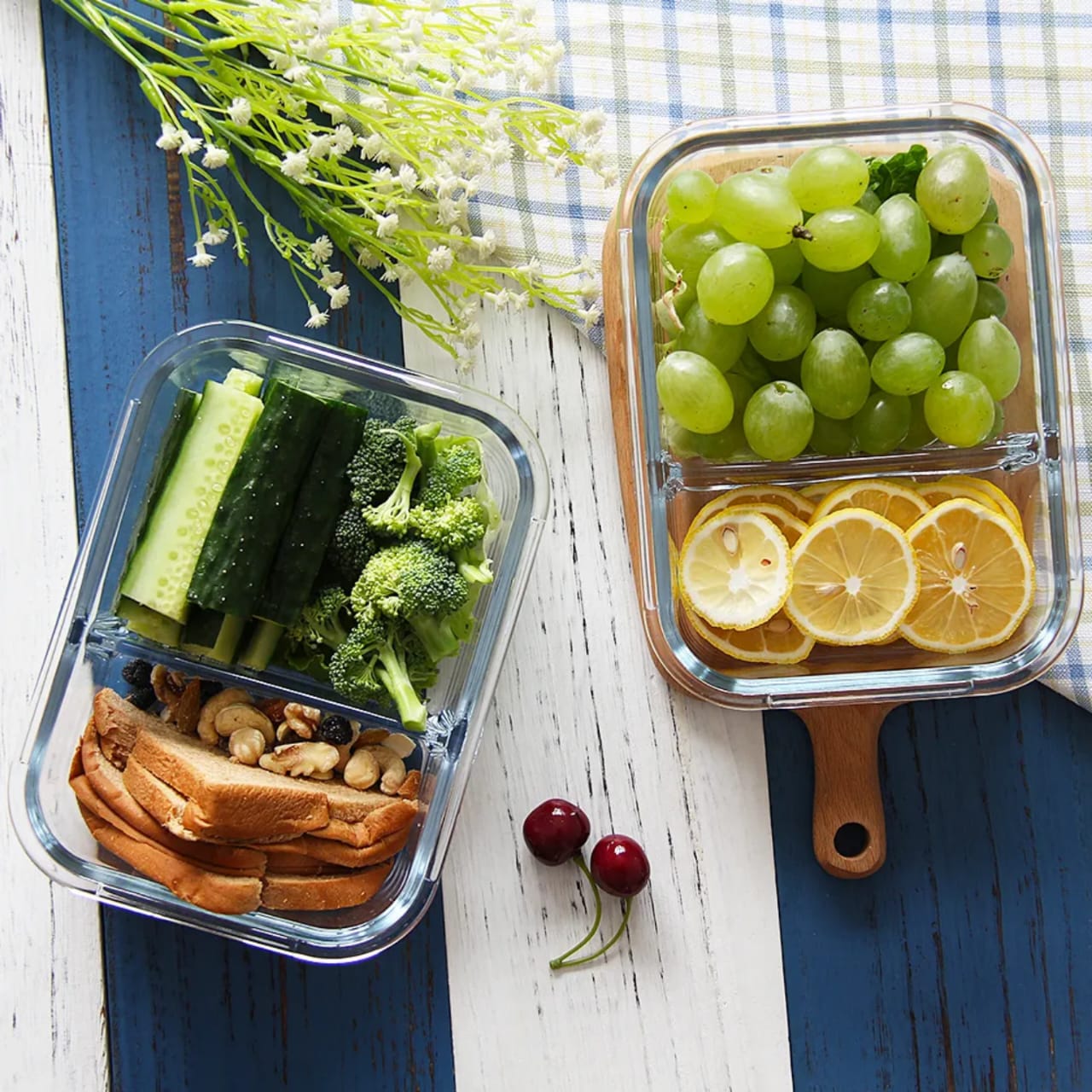 2 Grid Microwave - Safe Partitioned Glass Lunch Box