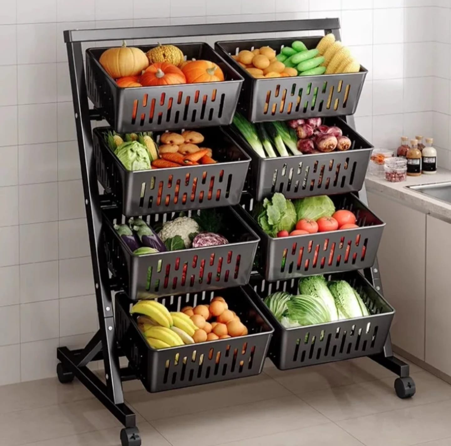 4 tier Double Multi- Functional Steel Vegetable & Fruit Rack with movable and lockable wheels