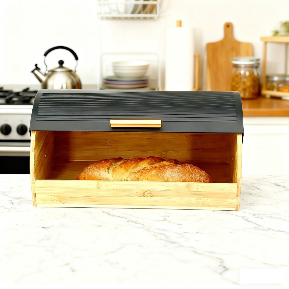 Bamboo Bread Box with Roll-Top Black Lid