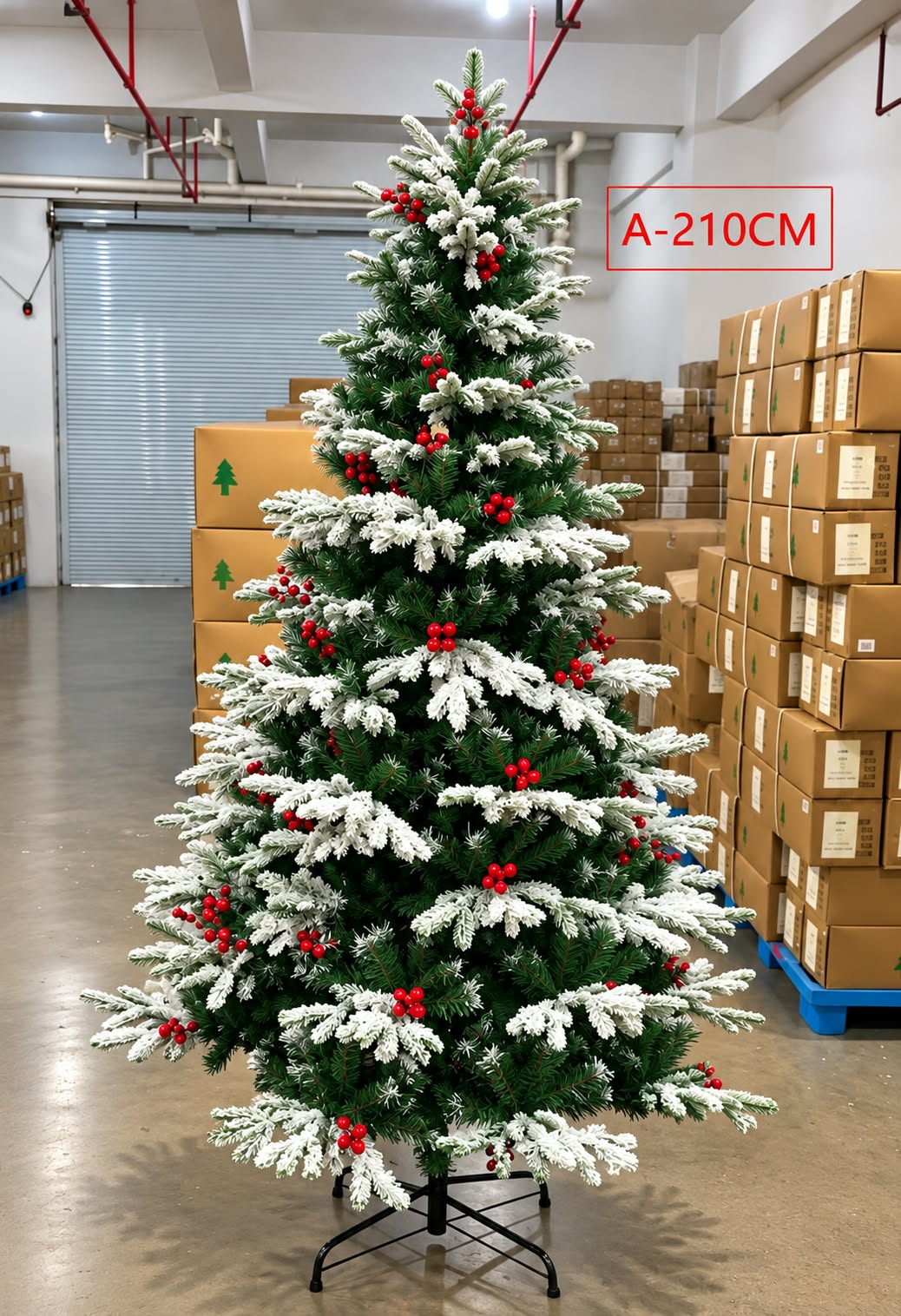 Flocking Christmas trees red berries for holiday decorations