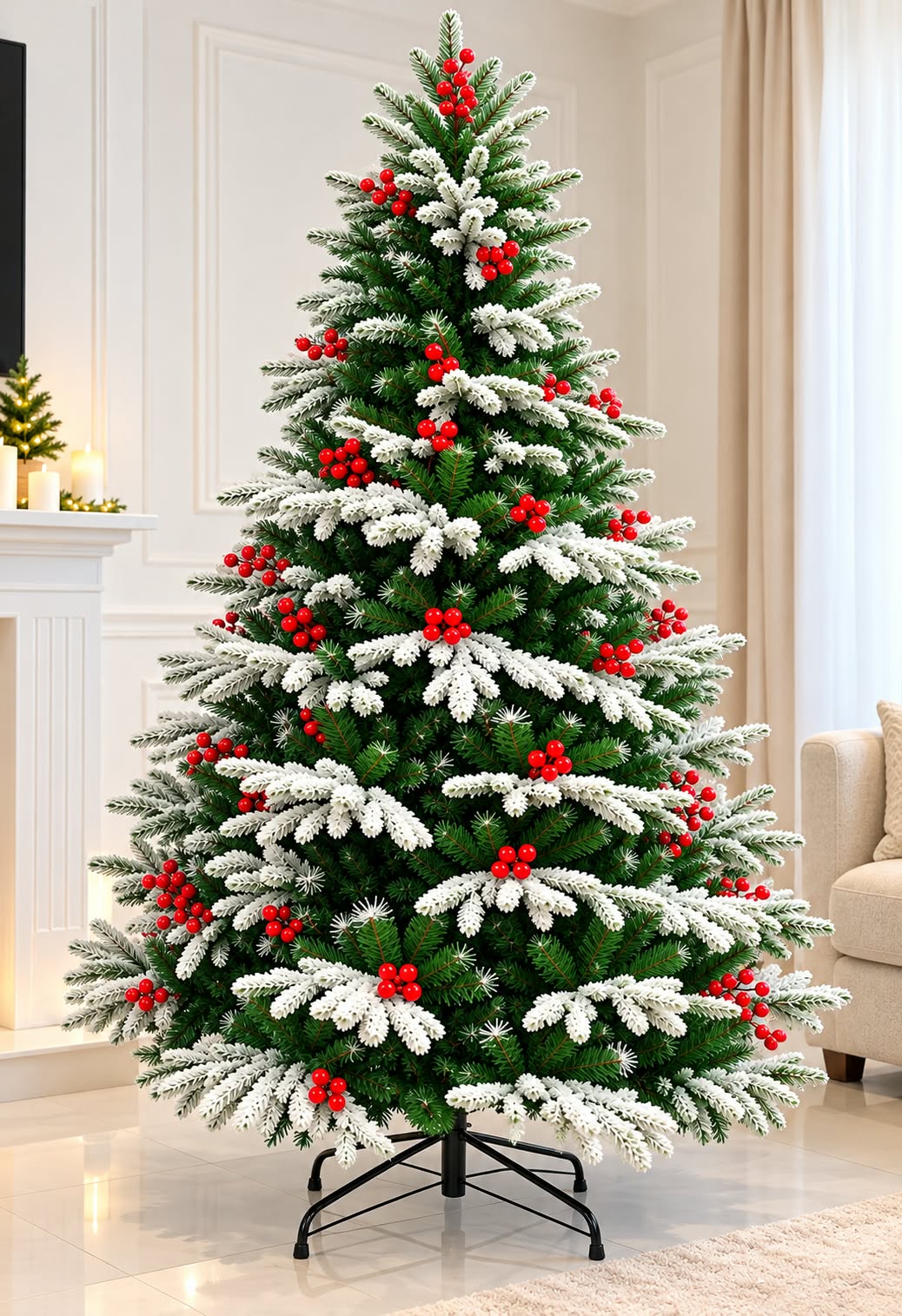 Flocking Christmas trees red berries for holiday decorations