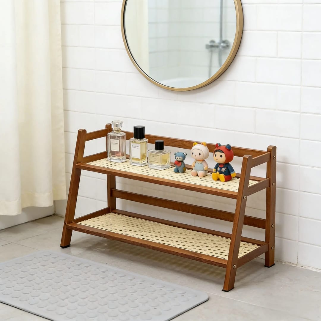 Multifunctional Bamboo Countertop Storage Rack with Stylish Rattan Shelves