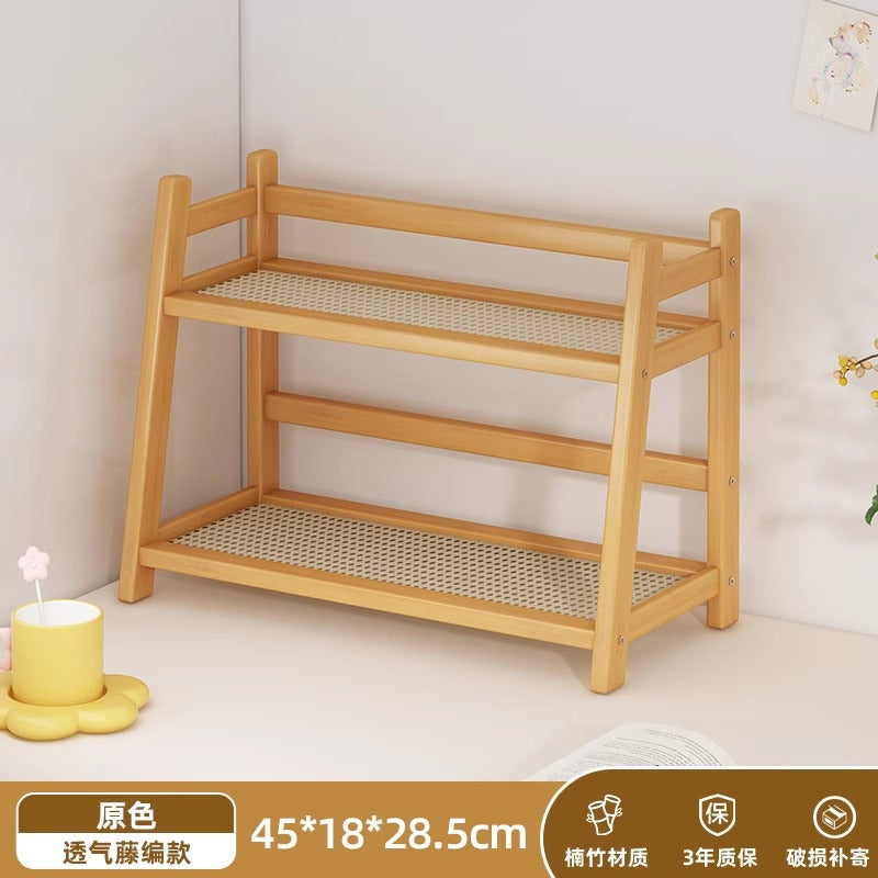 Multifunctional Bamboo Countertop Storage Rack with Stylish Rattan Shelves