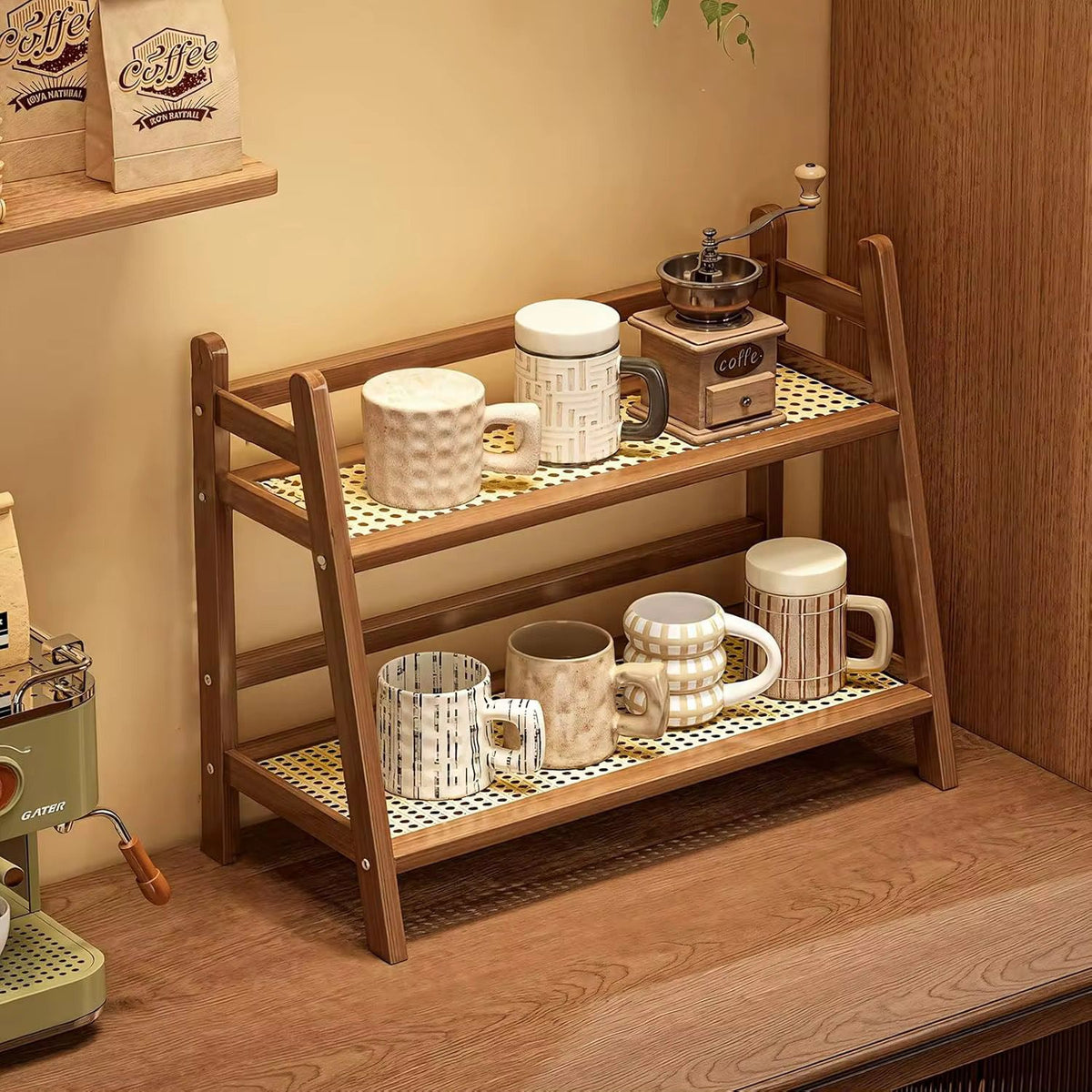 Multifunctional Bamboo Countertop Storage Rack with Stylish Rattan Shelves