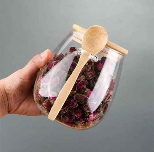 Glass storage canisters with Bamboo spoon and airtight lid

✓Capacity:600ml