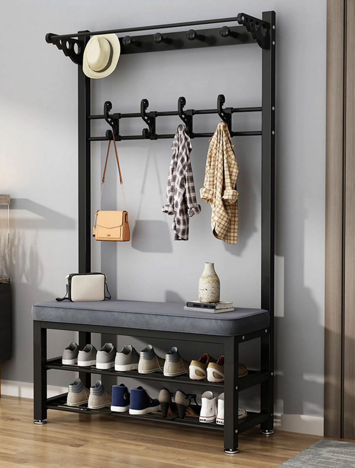 Multipurpose Entryway Bench shoe rack with clothes hanger