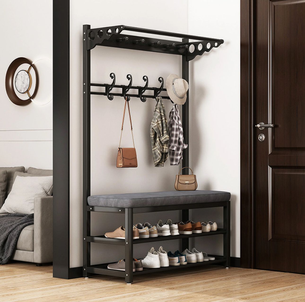 Multipurpose Entryway Bench shoe rack with clothes hanger