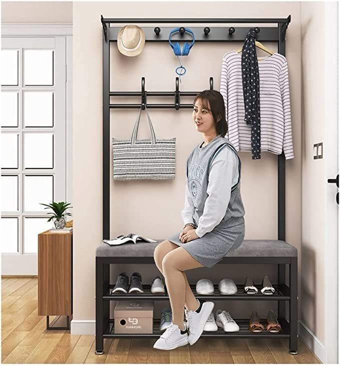 Multipurpose Entryway Bench shoe rack with clothes hanger