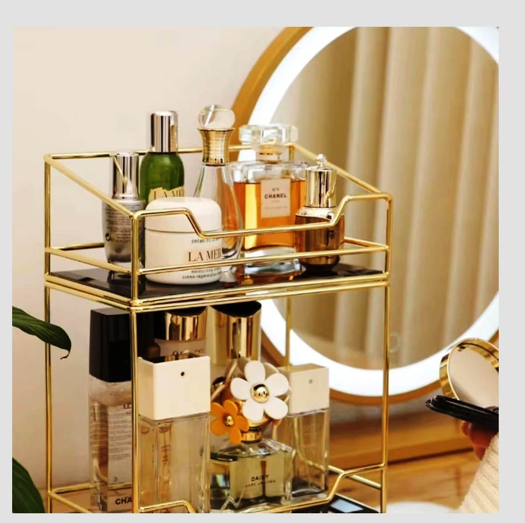 Multipurpose Acrylic Gold-Plated Two-Tier Organizer | Vanity, Kitchen & Bathroom