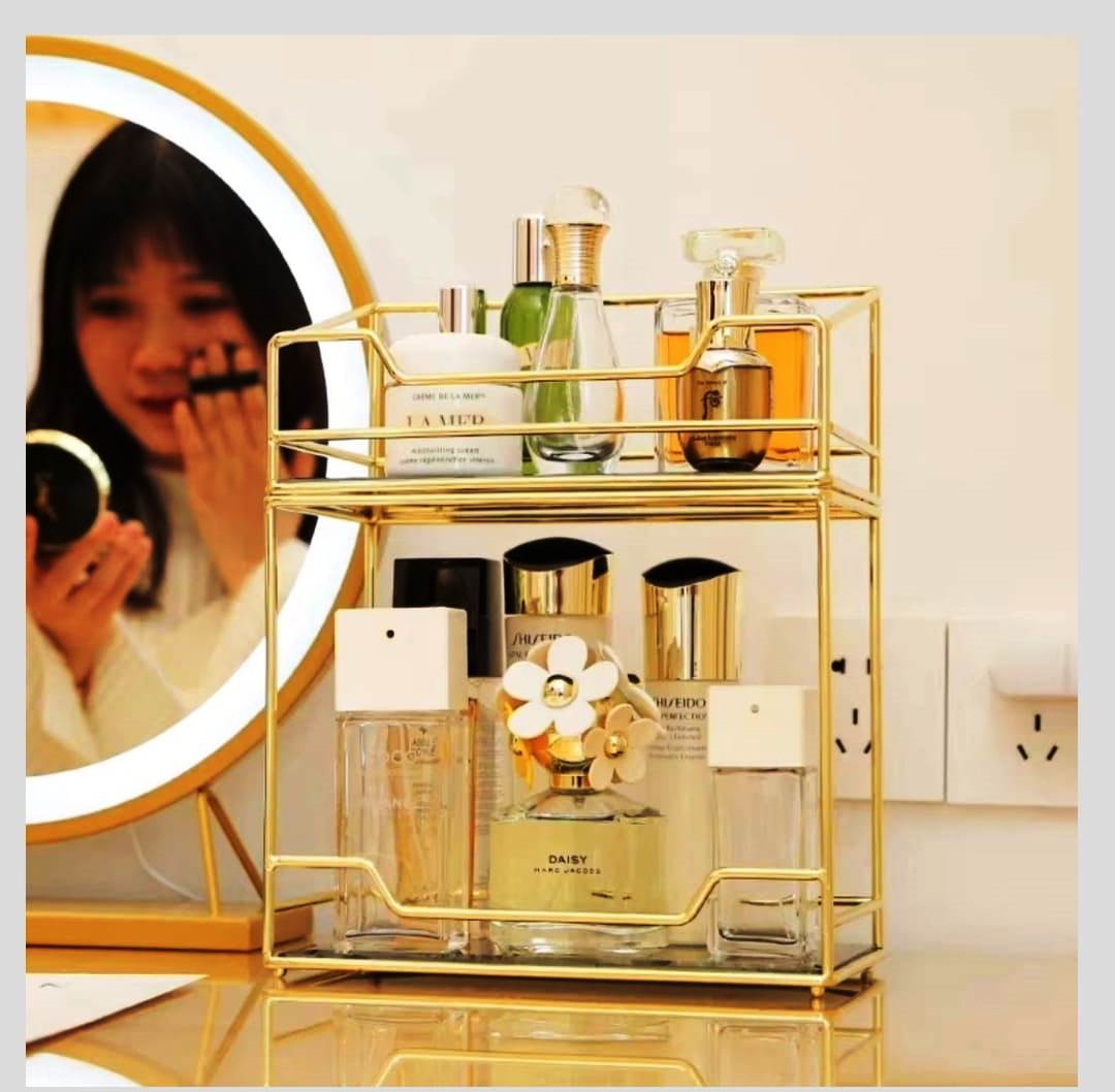 Multipurpose Acrylic Gold-Plated Two-Tier Organizer | Vanity, Kitchen & Bathroom