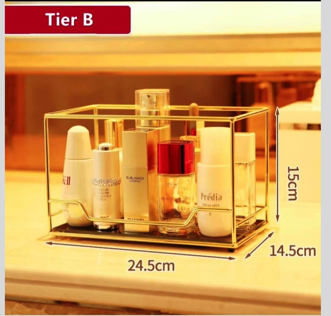 Multipurpose Acrylic Gold-Plated Two-Tier Organizer | Vanity, Kitchen & Bathroom