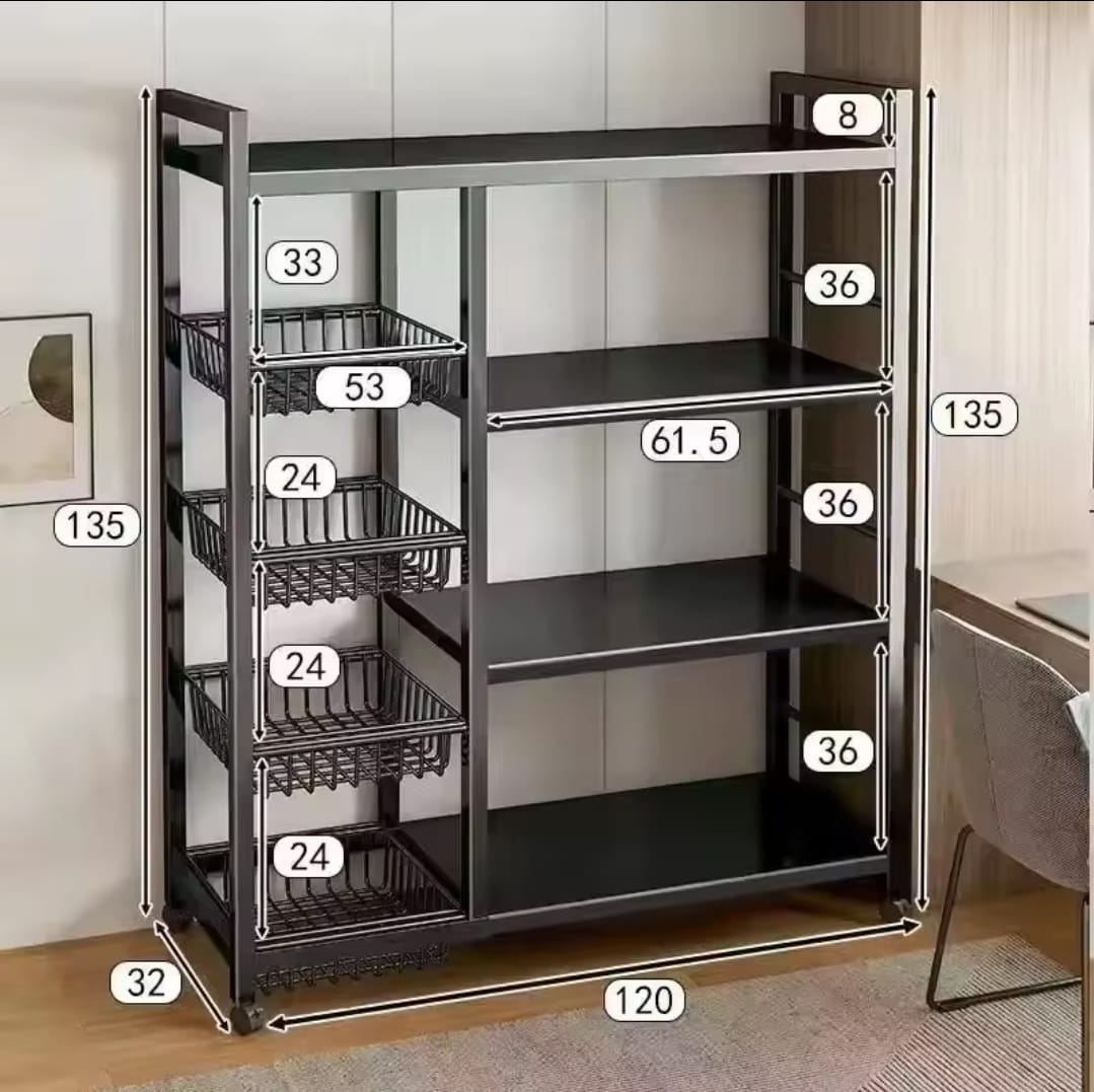 Multifunctional Strong metallic Kitchen rack with movable & lockable wheels