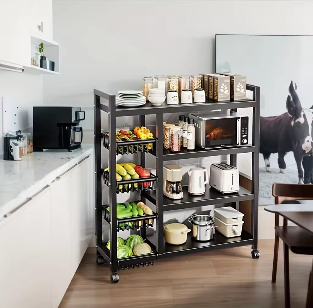 Multifunctional Strong metallic Kitchen rack with movable & lockable wheels