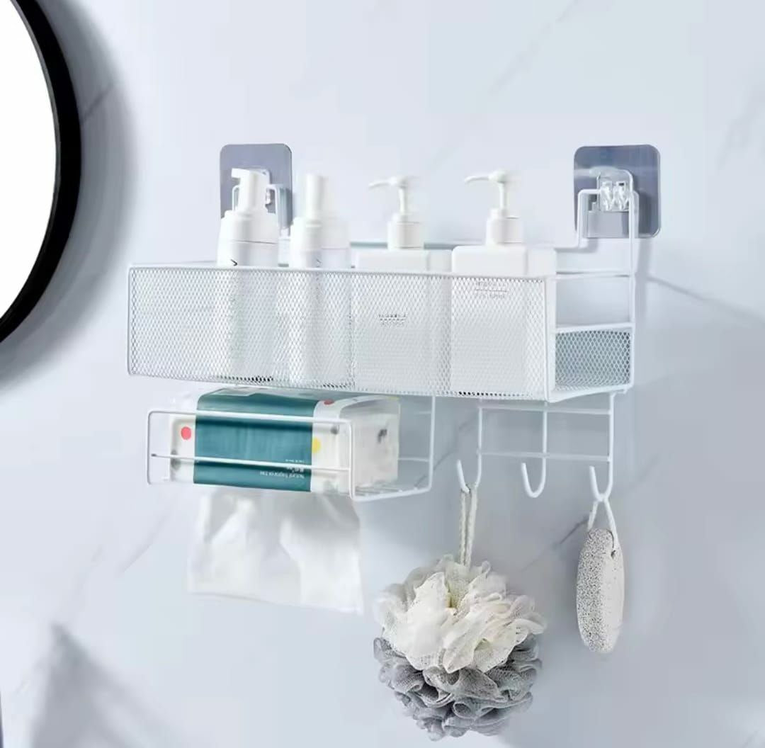 Mesh Bathroom rack/ Orgernizer with self adhesive stickers & hooks and rack