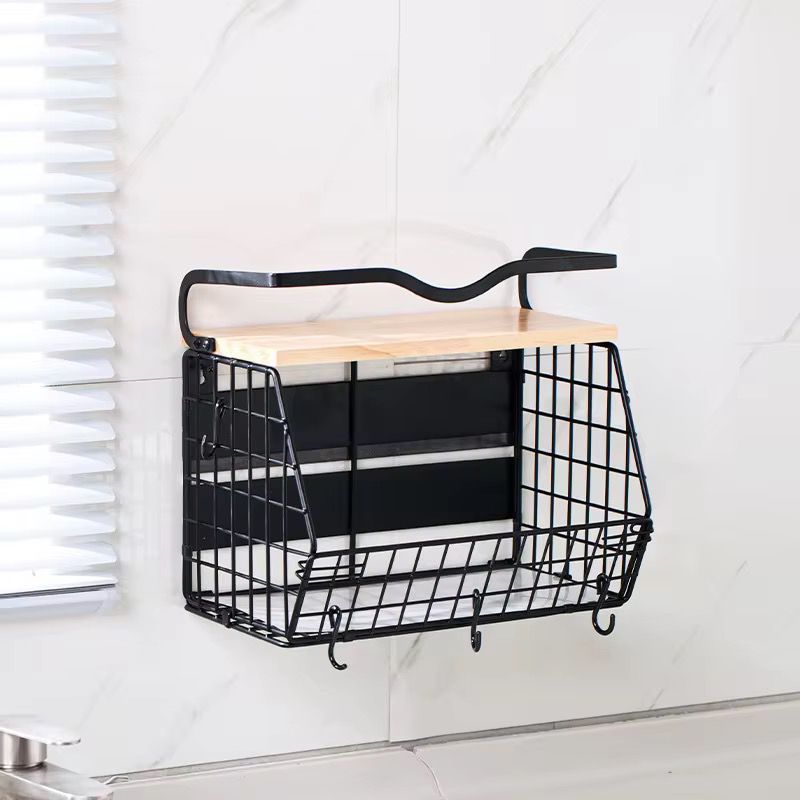 Multifunctional Magnetic/Mountable Stainless Steel Wire Storage Basket with wooden shelf