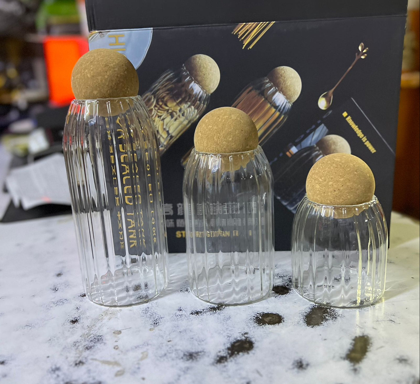 3 pcs Spaghetti glass vase with bamboo lid and multipurpose storage container
